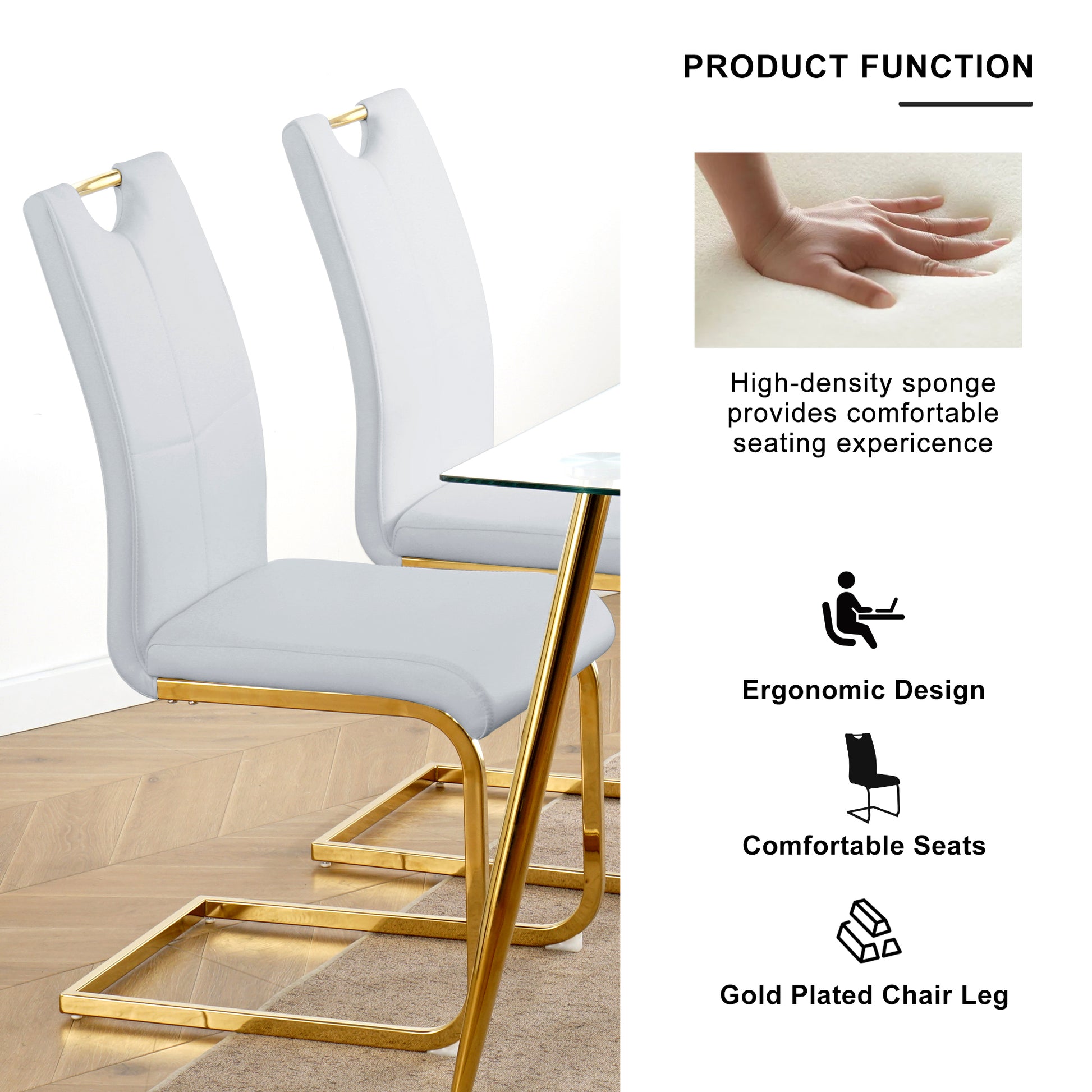 Modern Simple Rectangular Glass Dining Table, Wear Resistant Tempered Glass Countertop, Gold Plated Legs, Grey Pu Dining Chair Set, Suitable For Restaurant Kitchen Use Set Of 7 Upholstered Chair