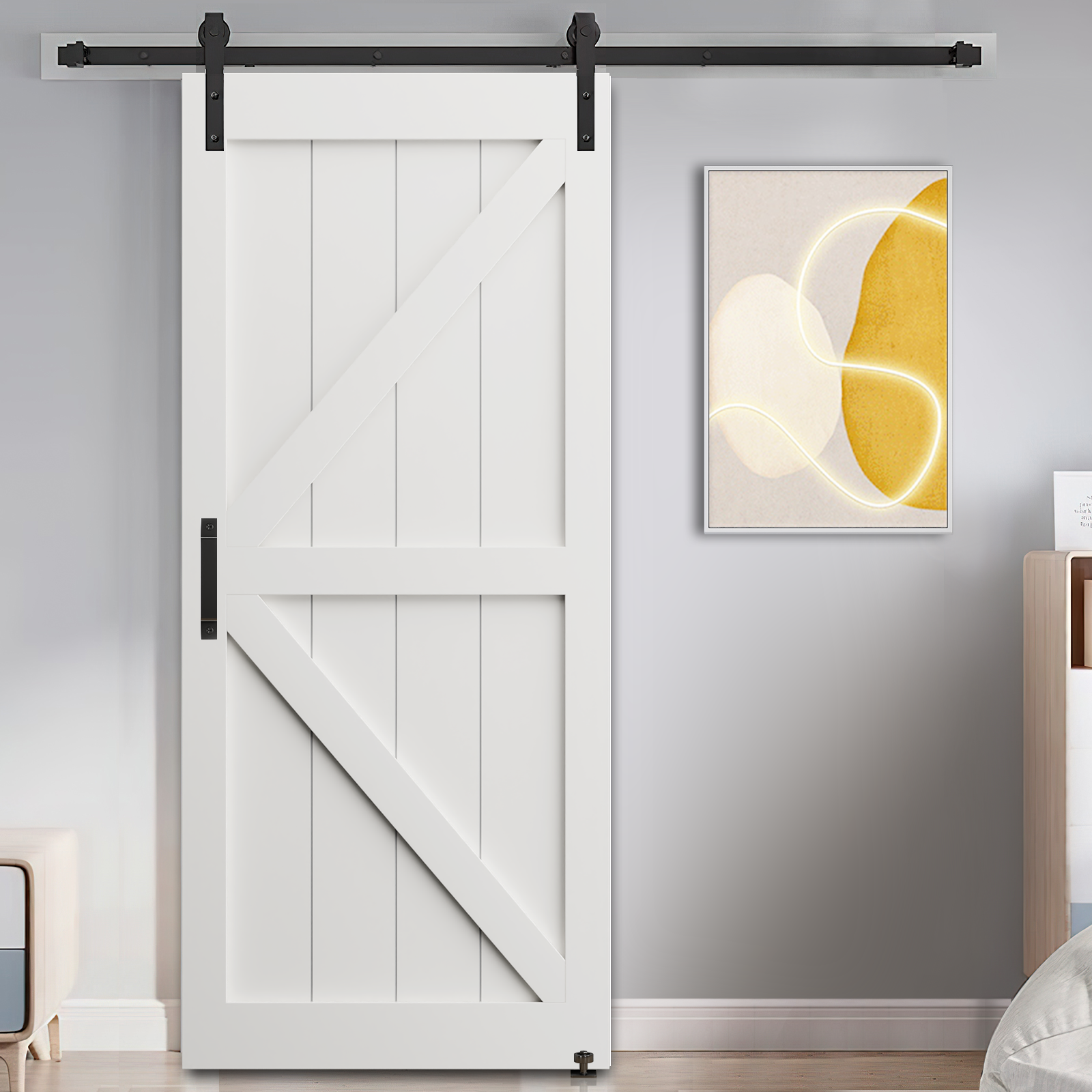 24" X 84" "K" Style Real Primed Door Slab 6.6Ft Barn Door Sliding Hardware Adjustable Floor Guider Pull Handle, Diy Unfinished Paneled Door, Modern Interior Barn Door, Moisture Proof White Mdf