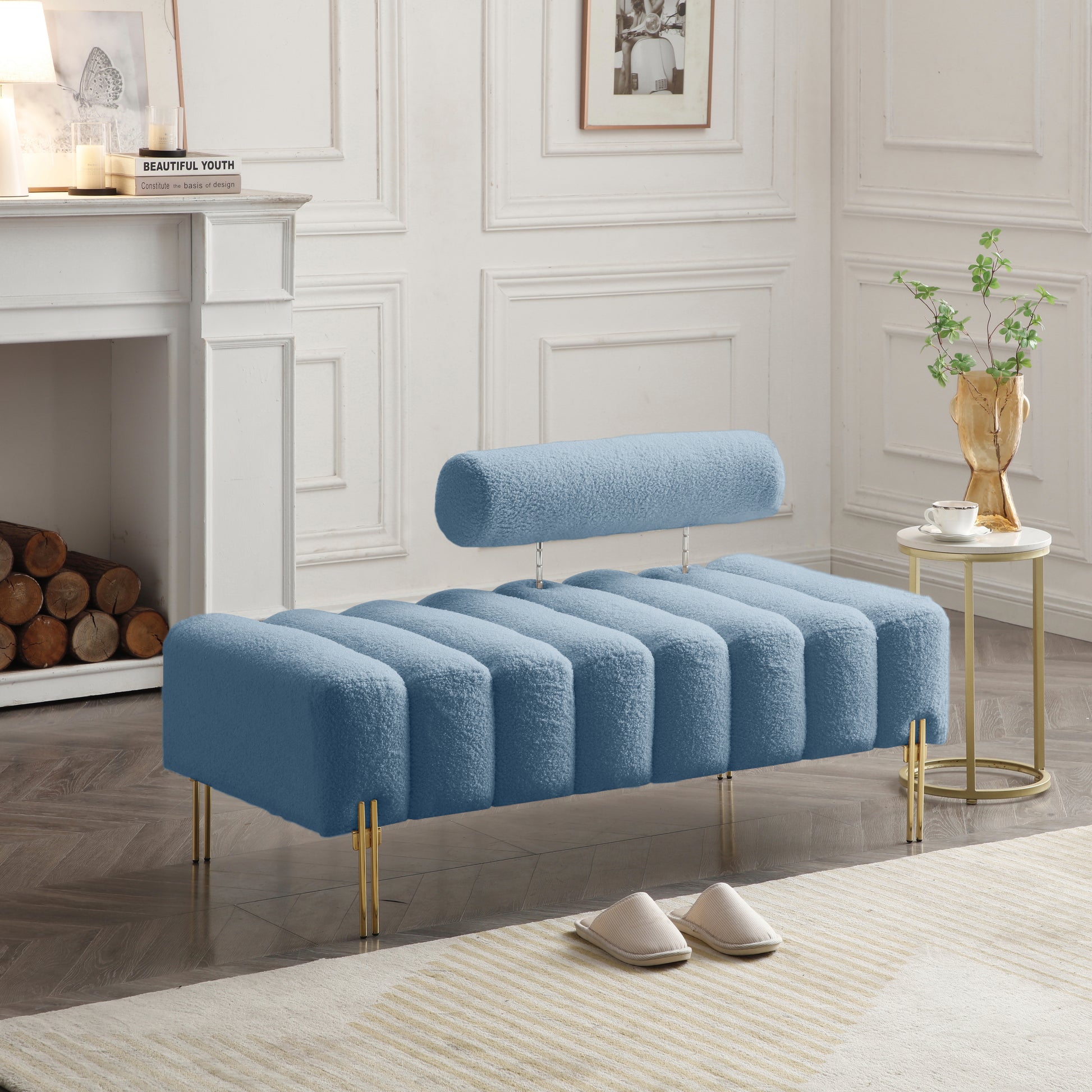 53.2" Width Modern End Of Bed Bench Sherpa Fabric Upholstered 2 Seater Sofa Couch Entryway Ottoman Bench Fuzzy Sofa Stool Footrest Window Bench With Gold Metal Legs For Bedroom Living Room,Light Blue Light Blue Foam Upholstered