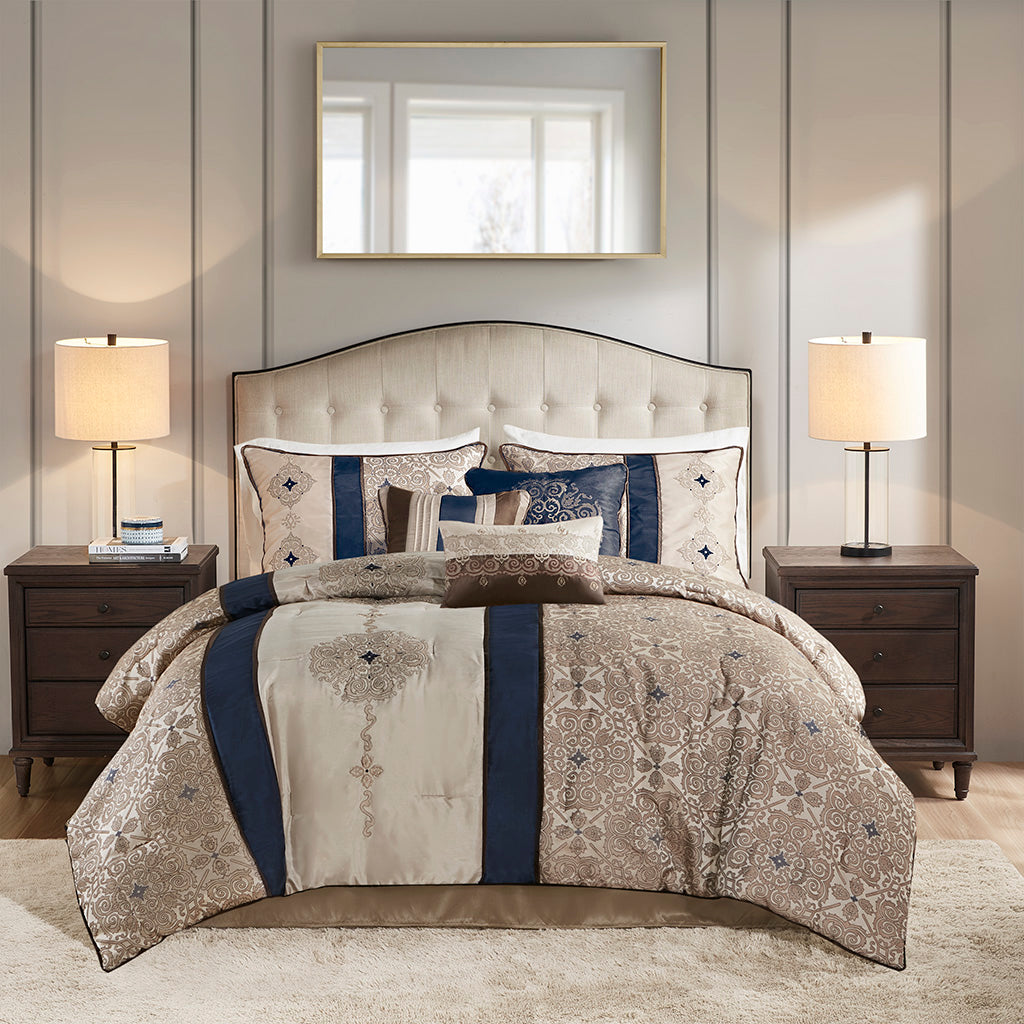 7 Piece Jacquard Comforter Set With Throw Pillows Navy Polyester