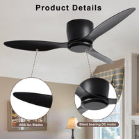 52" Flush Mount Ceiling Fan Without Light, 3 Reversible Blades, With 6 Speeds Reversible Dc Motor,Low Profile Ceiling Fan With No Light For Living Room Kitchen Bedroom Black Abs Steel Q235