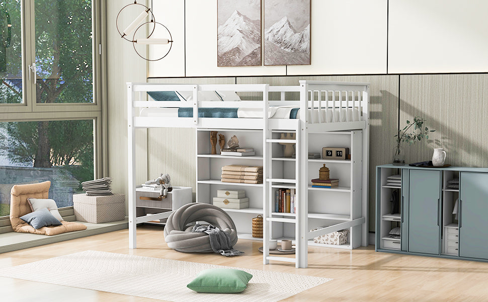 Twin Size Loft Bed With 8 Open Storage Shelves And Built In Ladder, White White Solid Wood Mdf