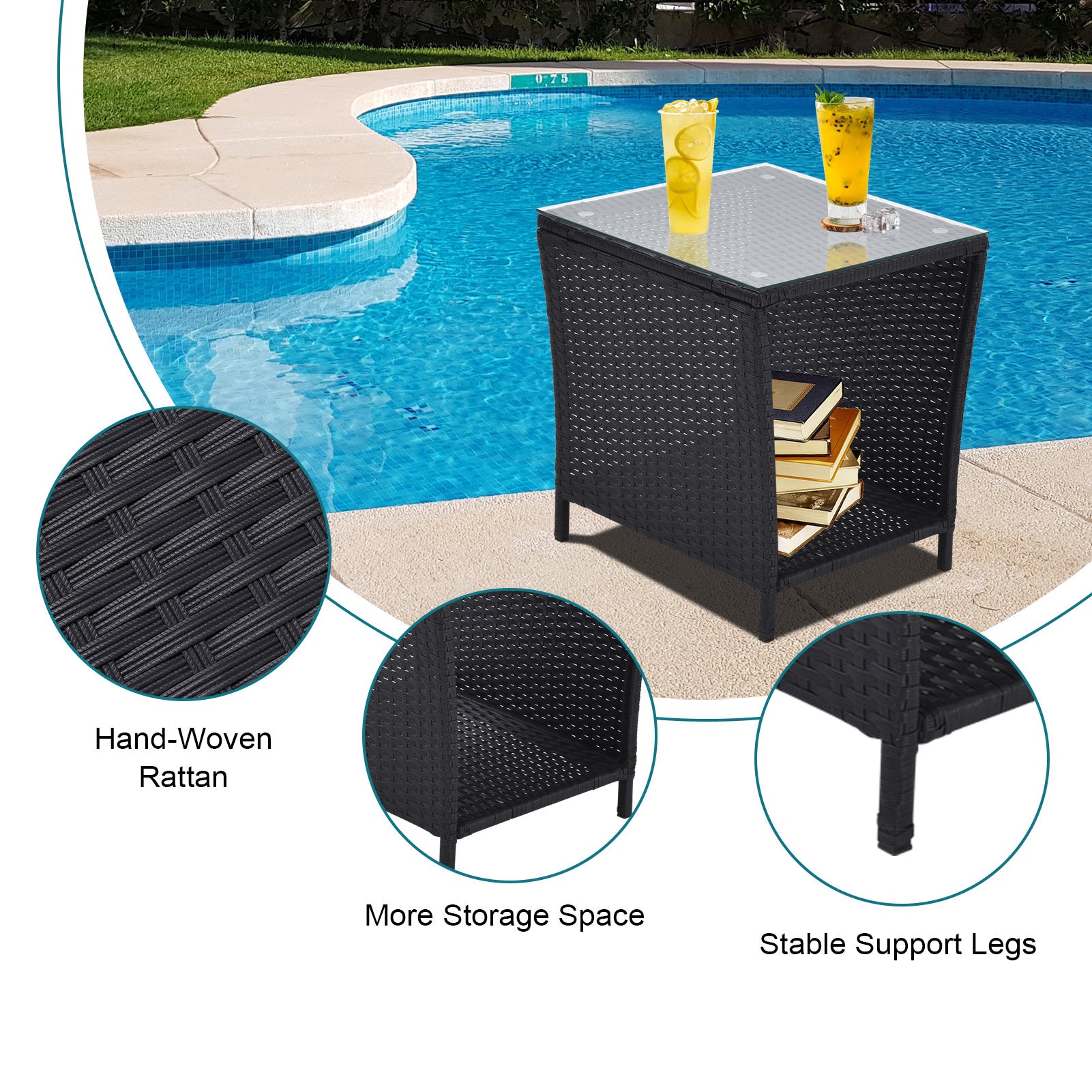 Outdoor Side Coffee Table With Storage Shelf,All Weather Pe Rattan And Steel Frame,Patio Furniture Square,Bistro Table For Garden Porch,Backyard Pool Indoor Black Black Weather Resistant Frame Garden & Outdoor Rattan Metal