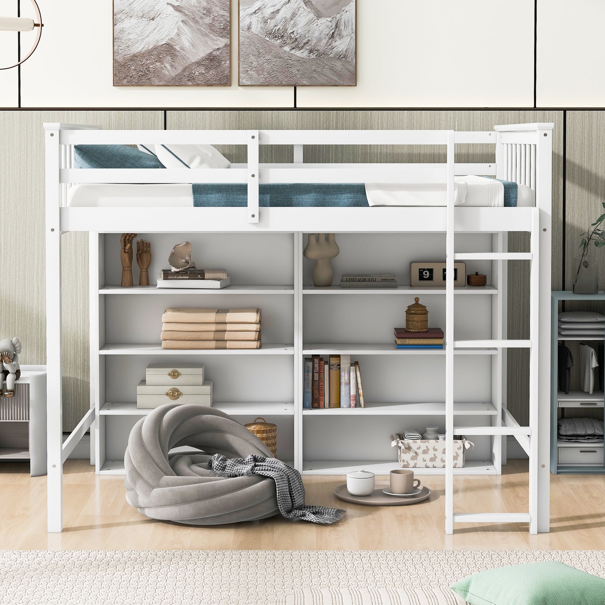 Twin Size Loft Bed With 8 Open Storage Shelves And Built In Ladder, White White Solid Wood Mdf