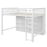 Full Size Loft Bed With 8 Open Storage Shelves And Built In Ladder, White White Solid Wood Mdf