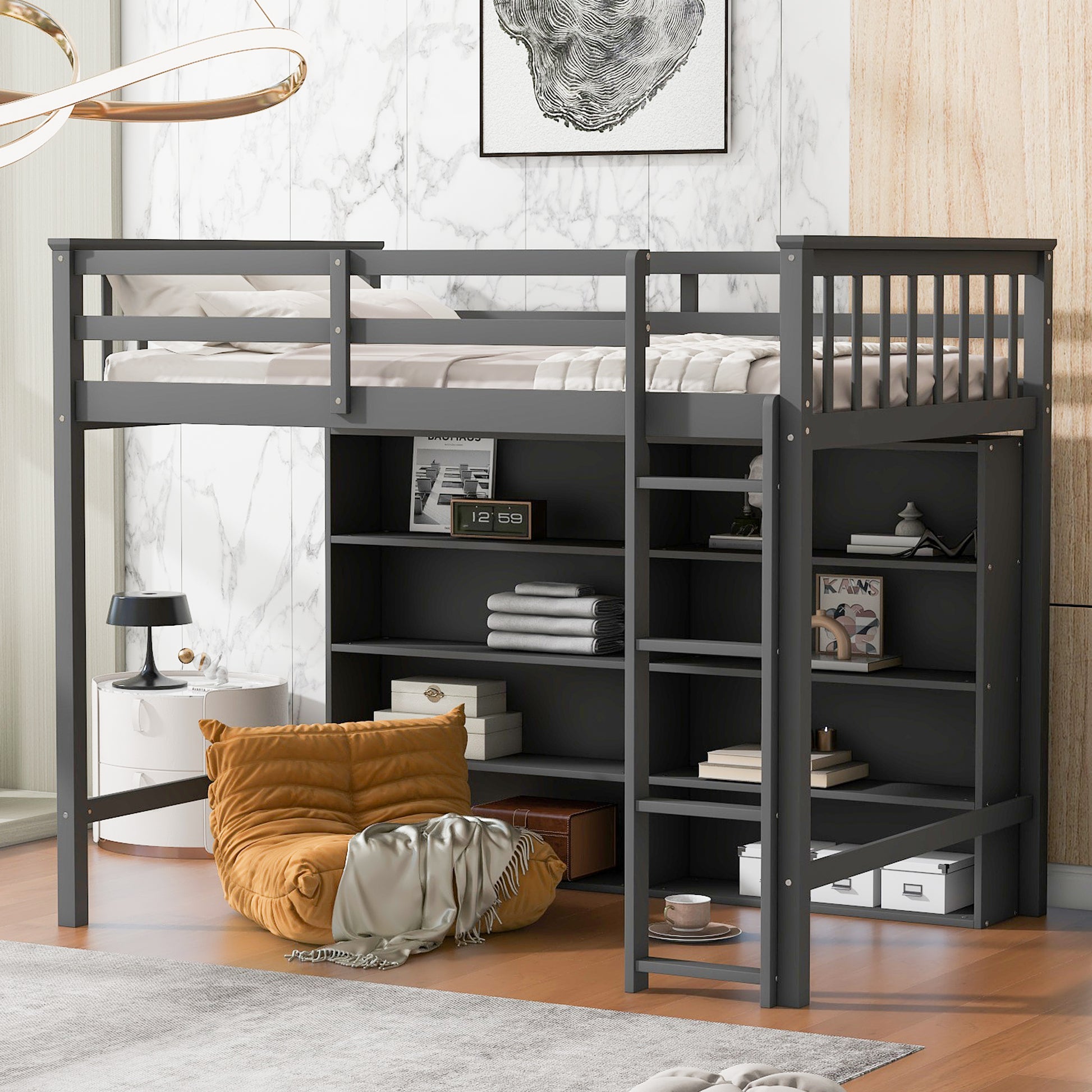 Twin Size Loft Bed With 8 Open Storage Shelves And Built In Ladder, Gary Gray Solid Wood Mdf