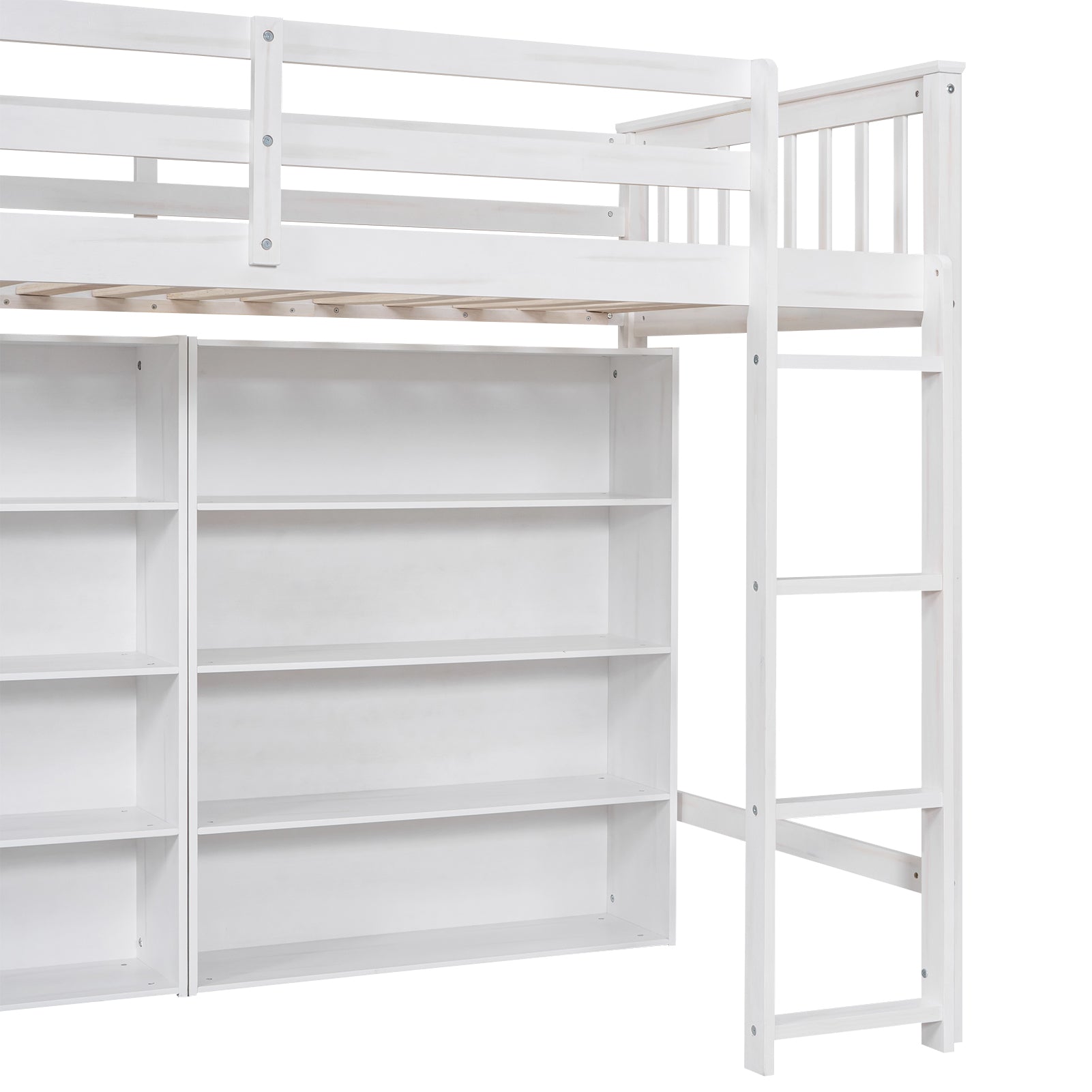 Twin Size Loft Bed With 8 Open Storage Shelves And Built In Ladder, White White Solid Wood Mdf