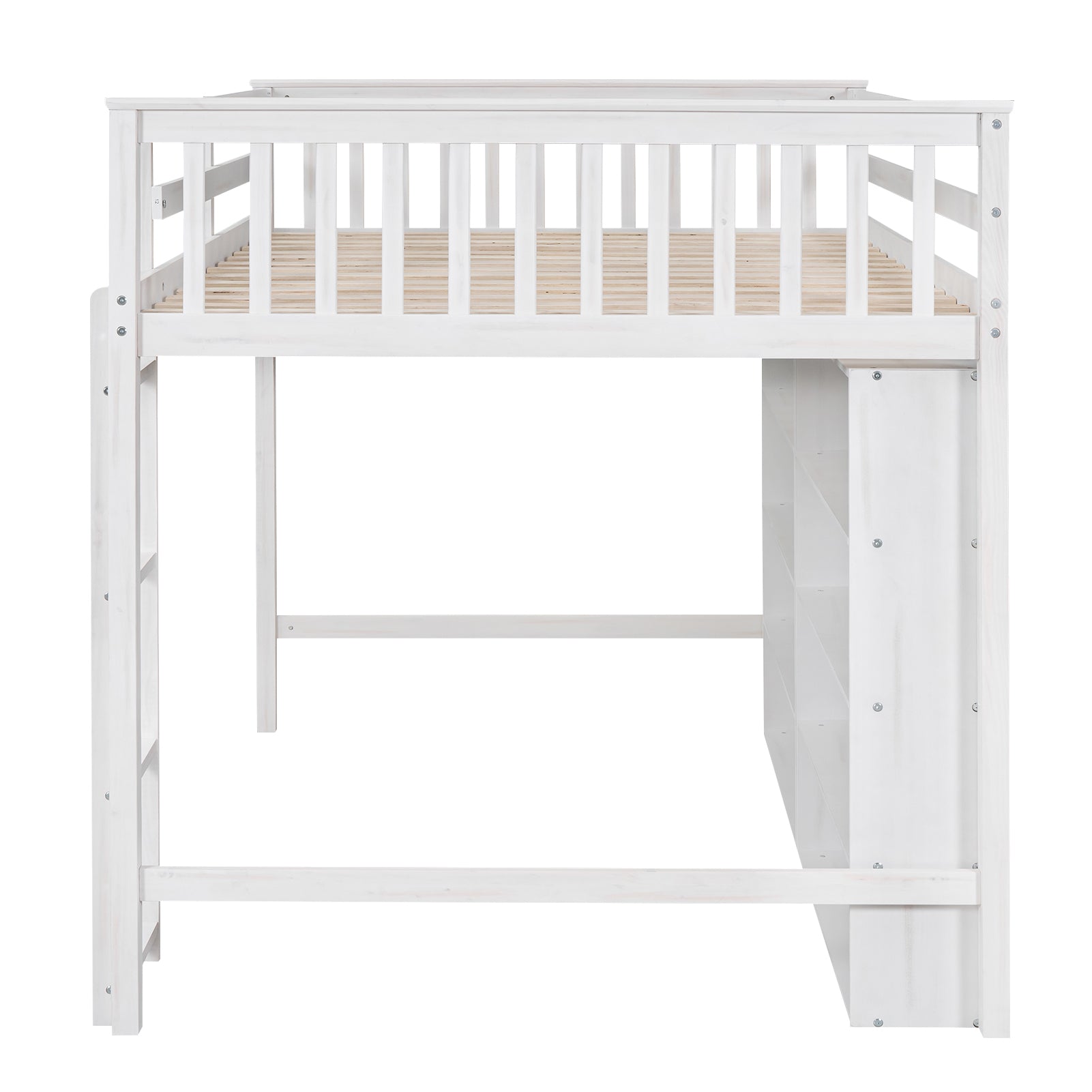 Full Size Loft Bed With 8 Open Storage Shelves And Built In Ladder, White White Solid Wood Mdf