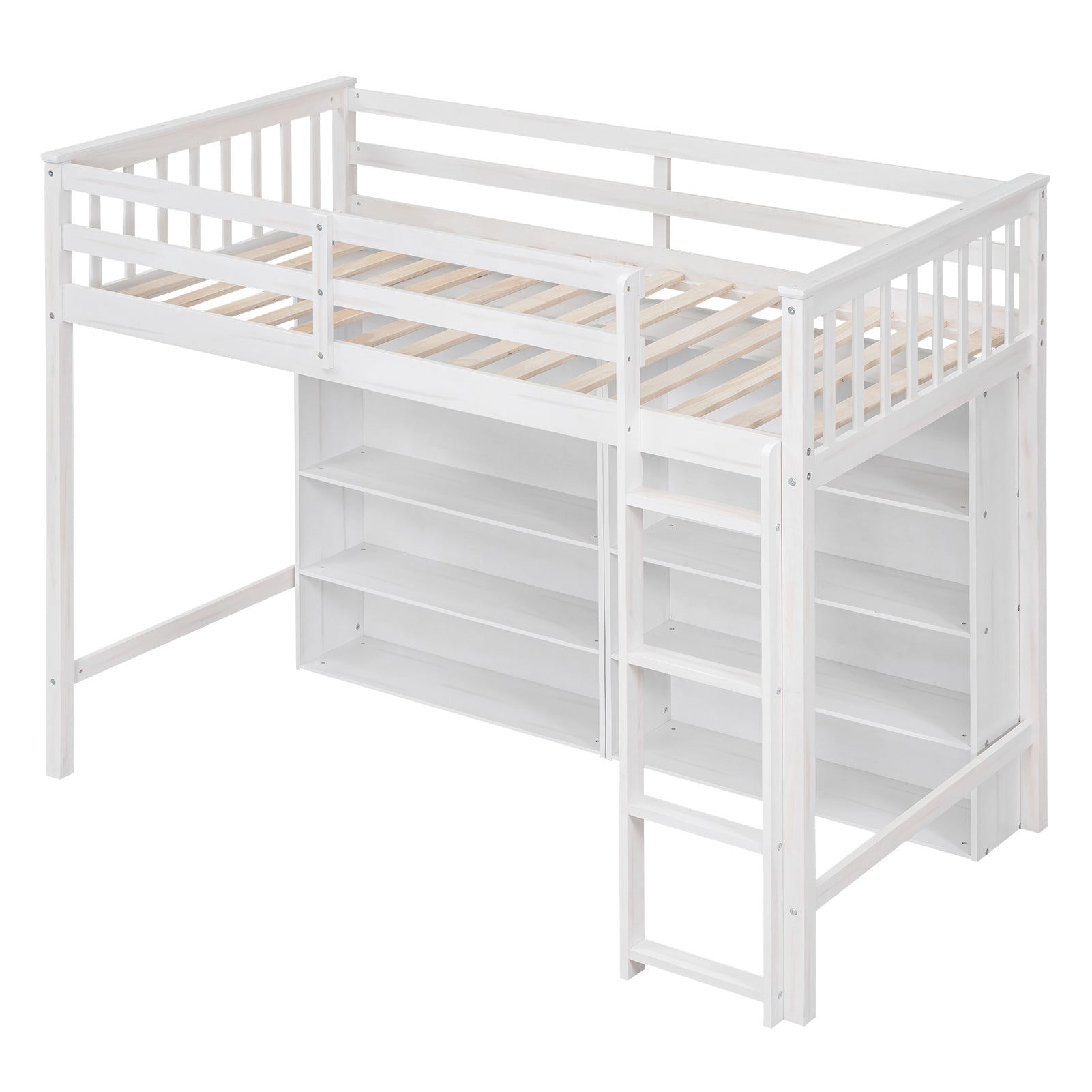 Twin Size Loft Bed With 8 Open Storage Shelves And Built In Ladder, White White Solid Wood Mdf