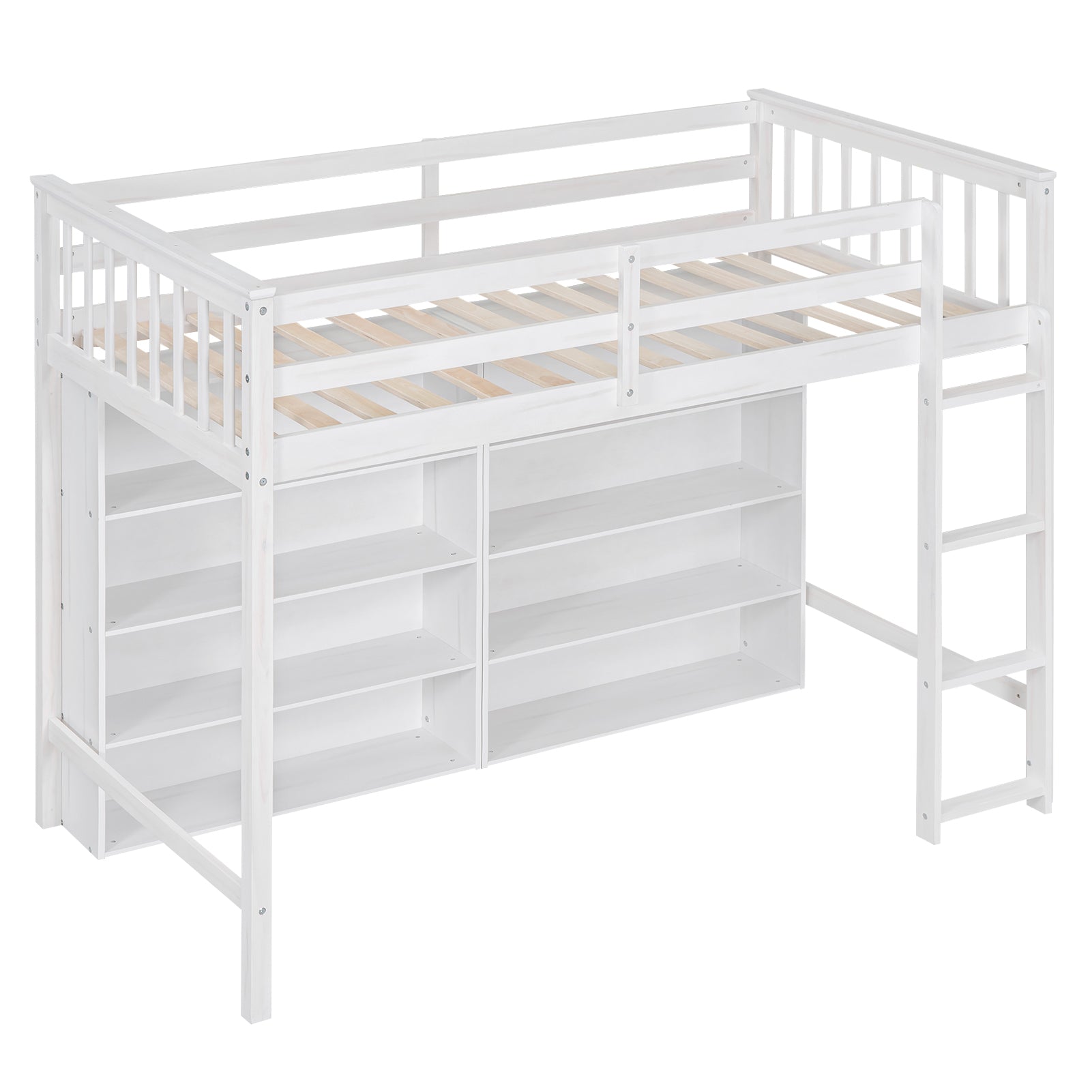 Twin Size Loft Bed With 8 Open Storage Shelves And Built In Ladder, White White Solid Wood Mdf