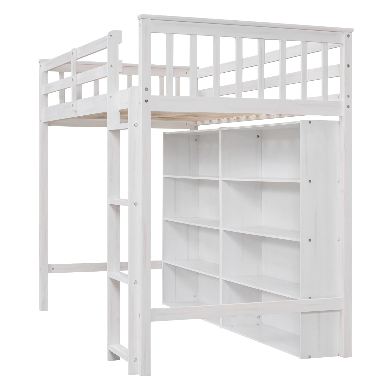 Twin Size Loft Bed With 8 Open Storage Shelves And Built In Ladder, White White Solid Wood Mdf