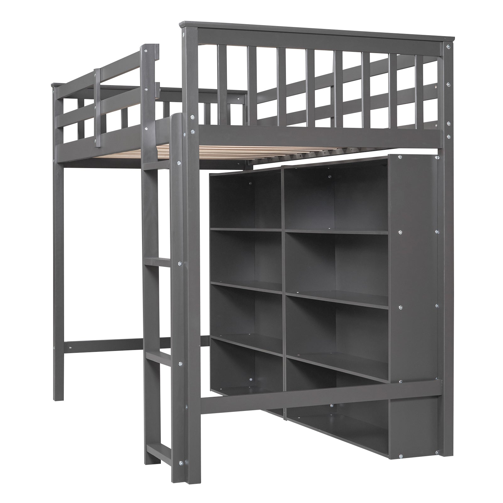 Twin Size Loft Bed With 8 Open Storage Shelves And Built In Ladder, Gary Gray Solid Wood Mdf