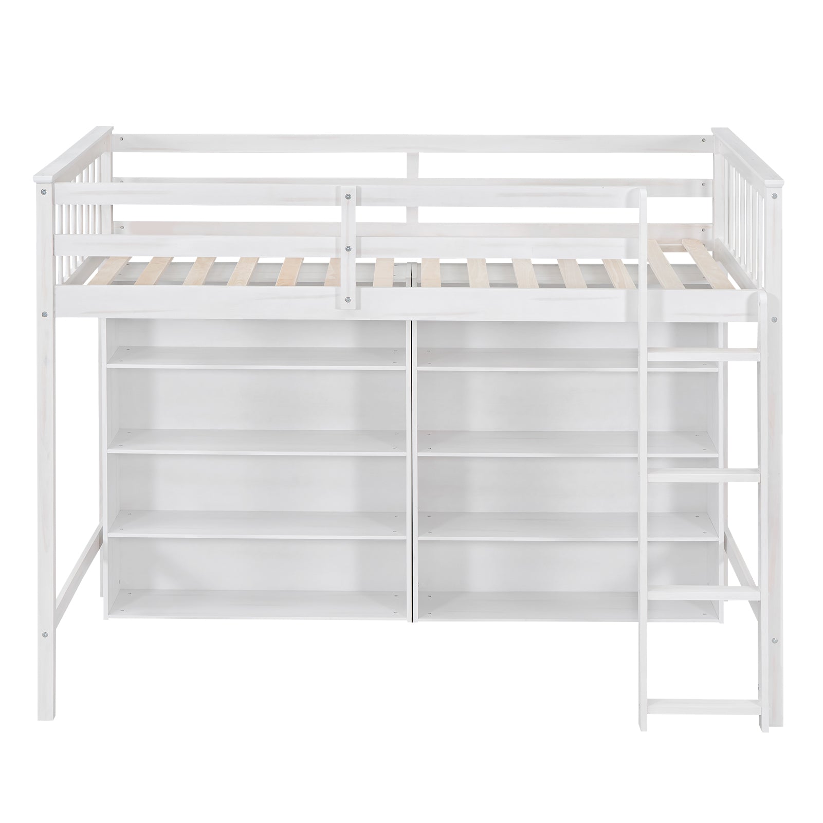 Twin Size Loft Bed With 8 Open Storage Shelves And Built In Ladder, White White Solid Wood Mdf