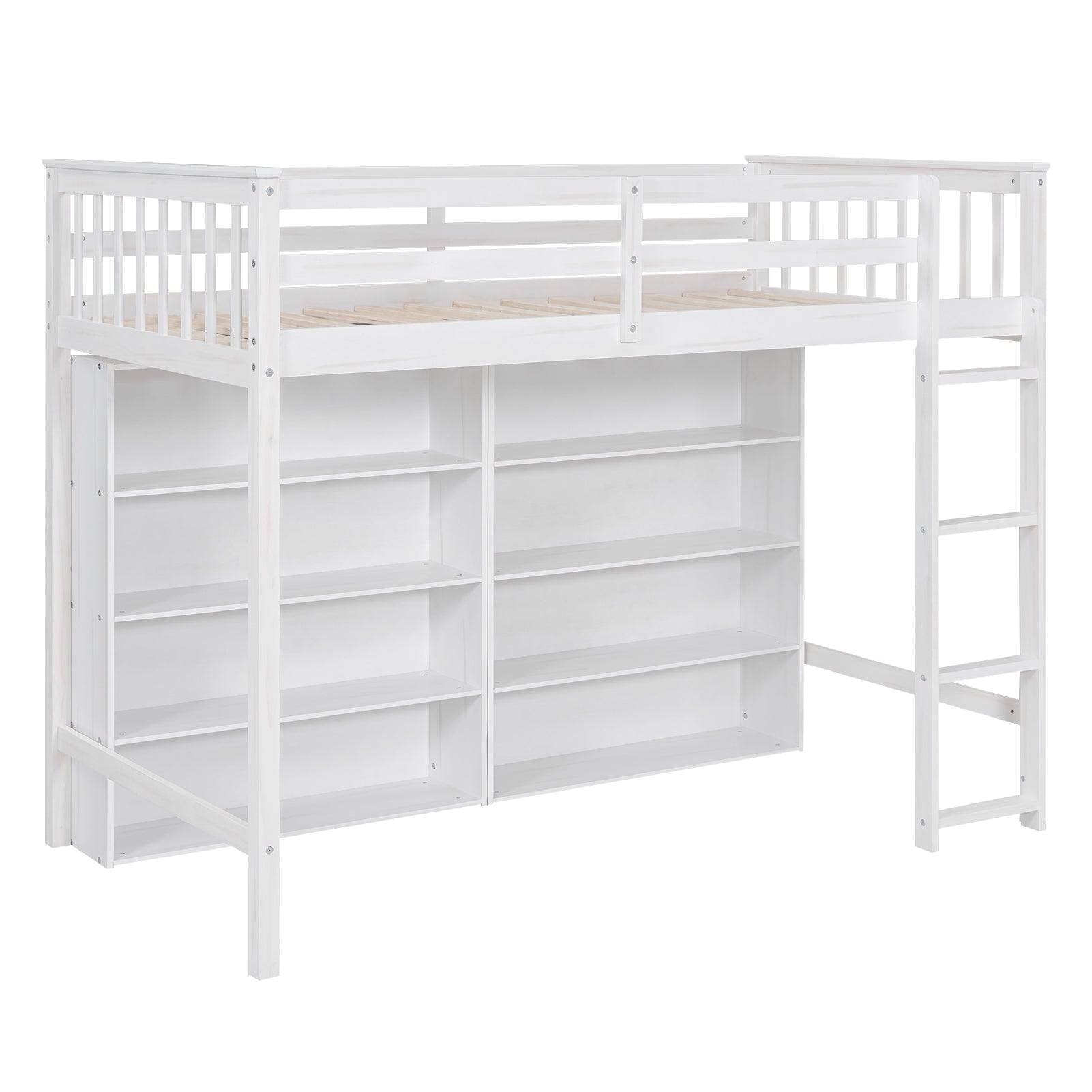 Twin Size Loft Bed With 8 Open Storage Shelves And Built In Ladder, White White Solid Wood Mdf