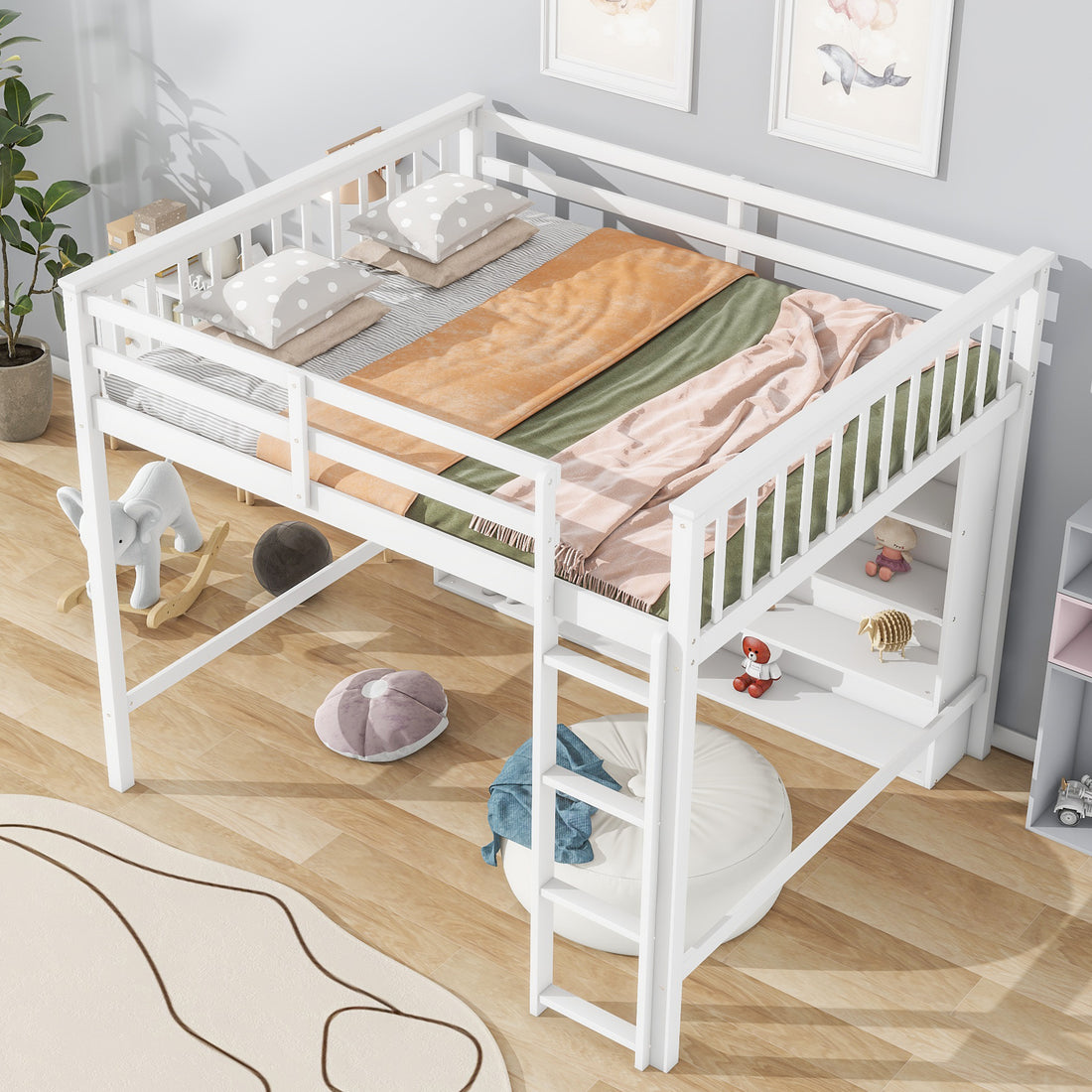 Full Size Loft Bed With 8 Open Storage Shelves And Built In Ladder, White White Solid Wood Mdf