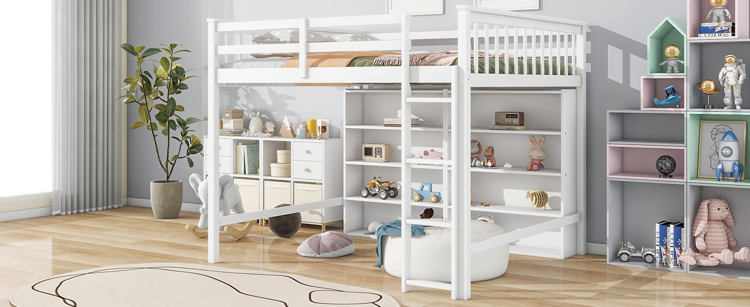 Full Size Loft Bed With 8 Open Storage Shelves And Built In Ladder, White White Solid Wood Mdf