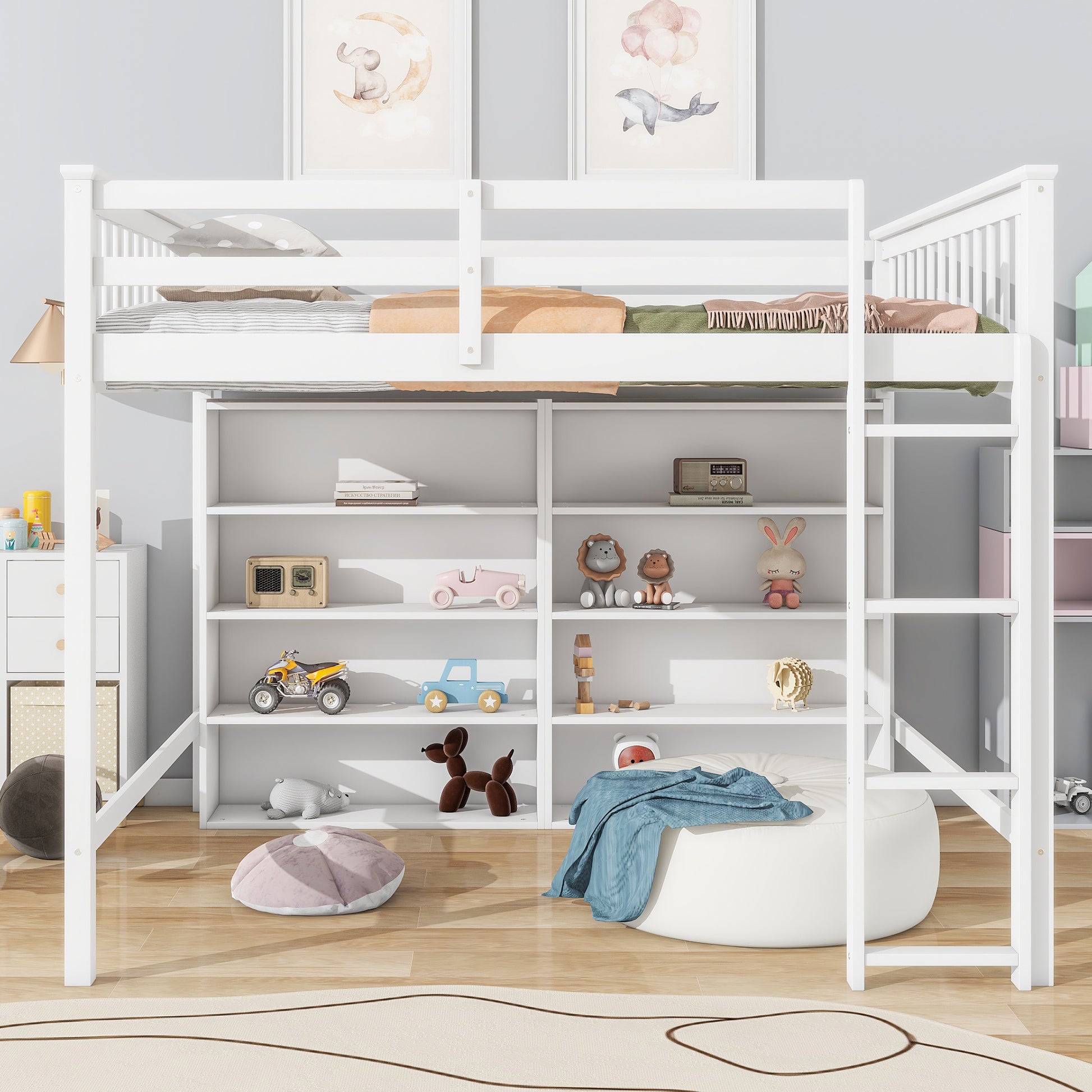 Full Size Loft Bed With 8 Open Storage Shelves And Built In Ladder, White White Solid Wood Mdf