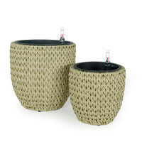 2 Pack Self Watering Wicker Planter Garden Decoration Pot Round Beige Beige Rattan Metal