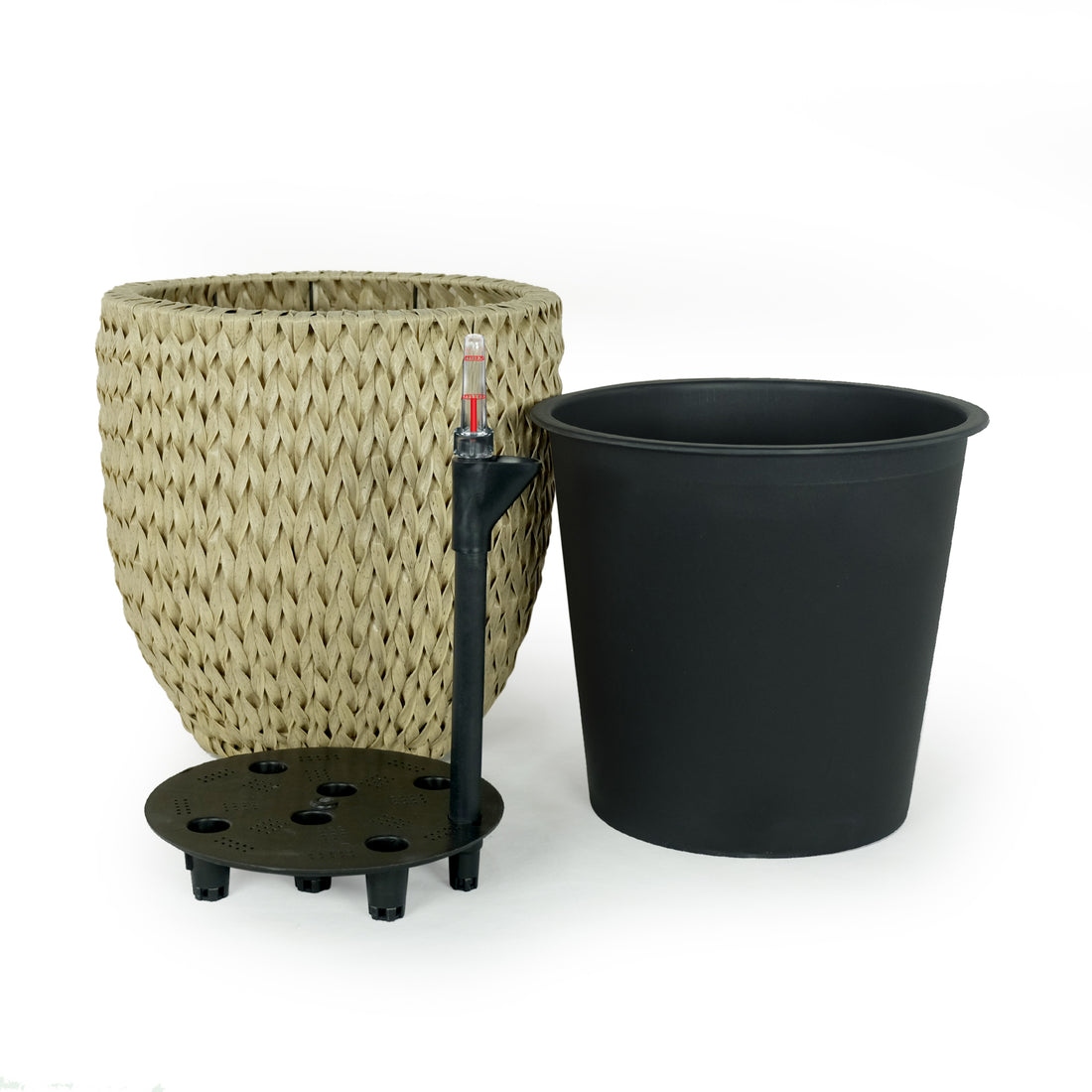 2 Pack Self Watering Wicker Planter Garden Decoration Pot Round Beige Beige Rattan Metal