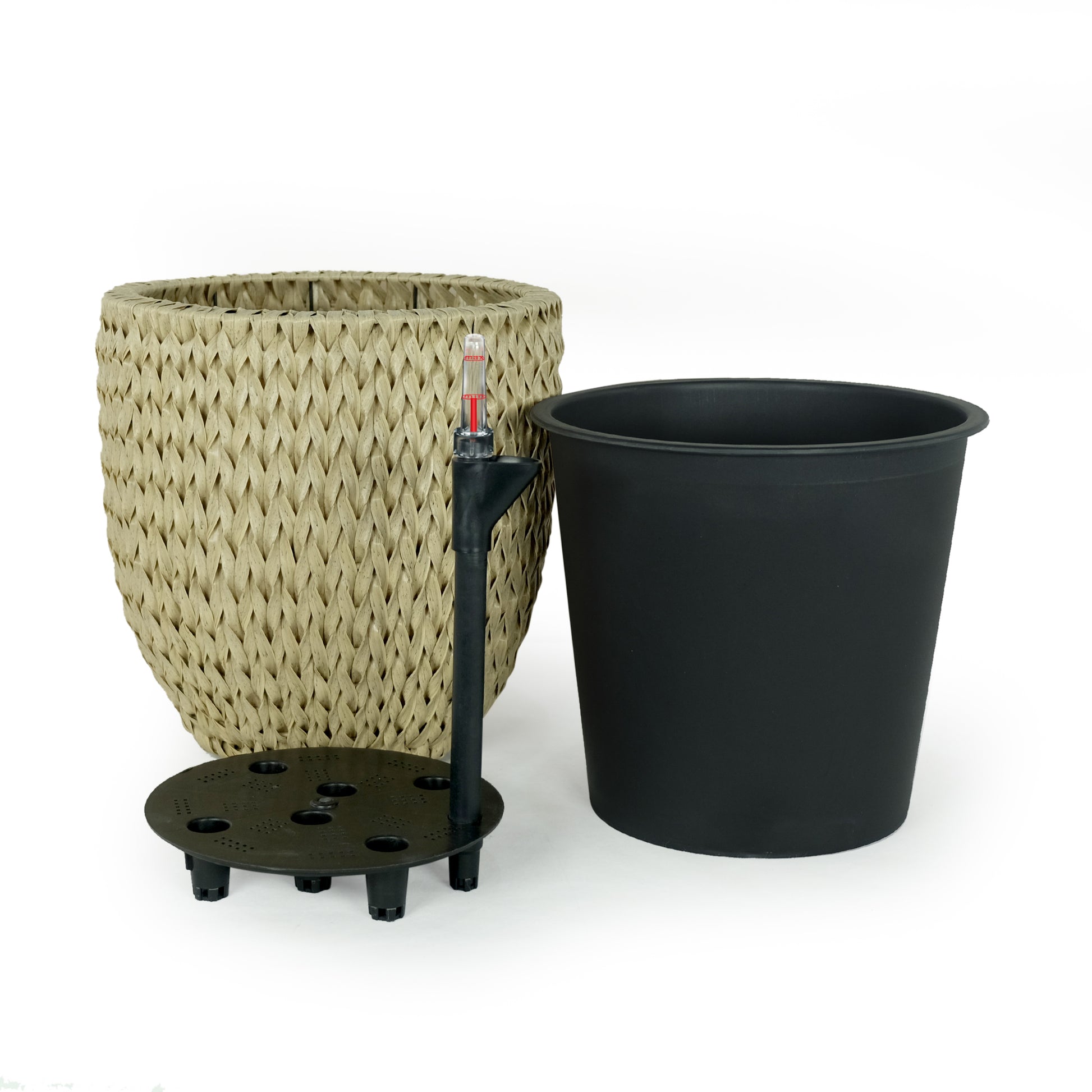 2 Pack Self Watering Wicker Planter Garden Decoration Pot Round Beige Beige Rattan Metal