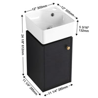 Bathroom Vanity With Sink 12 Inch For Small Bathroom, Bathroom Vanity With Soft Close Door,Small Bathroom Vanity With Sink, 12 Inch L X12Inch W X24.1Inch H Black Chestnut 1 Bathroom Wall Mounted Modern Plywood