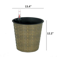 13.4" Self Watering Wicker Decor Planter For Indoor And Outdoor Round Natural Natural Plastic Rattan