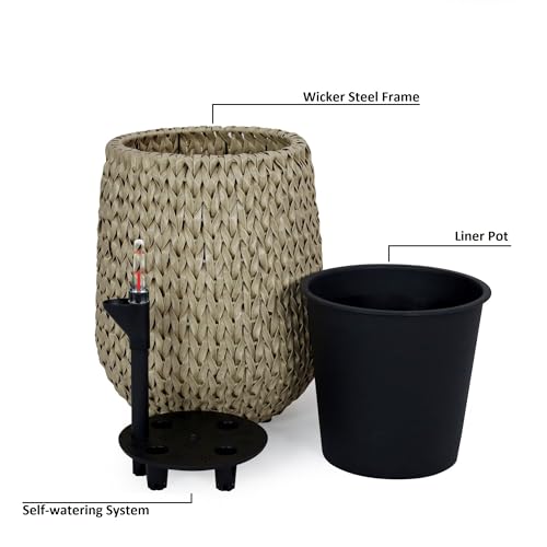 17.3" Self Watering Wicker Planter Garden Decoration Pot Beige Round Beige Rattan Metal