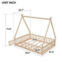 Full Tent Shaped Floor Bed, With Guardrails, Slats, Door ,Natural Full Natural Wood Bedroom American Design Pine Bed Frame Pine