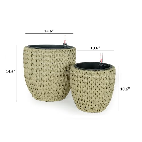 2 Pack Self Watering Wicker Planter Garden Decoration Pot Round Beige Beige Rattan Metal