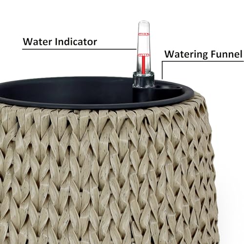 2 Pack Self Watering Wicker Planter Garden Decoration Pot Round Beige Beige Rattan Metal