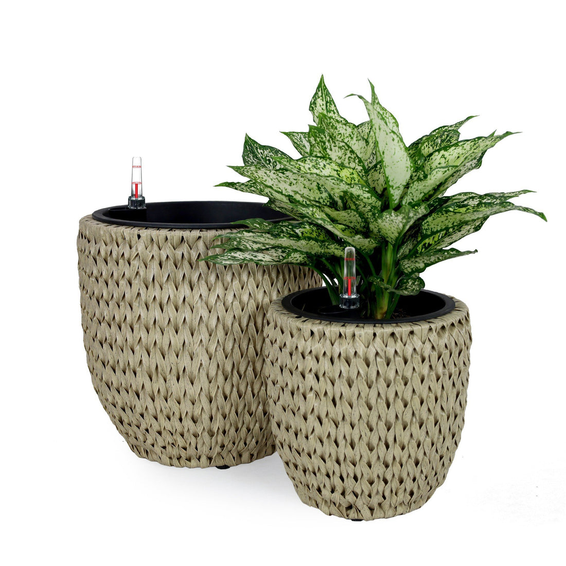 2 Pack Self Watering Wicker Planter Garden Decoration Pot Round Beige Beige Rattan Metal