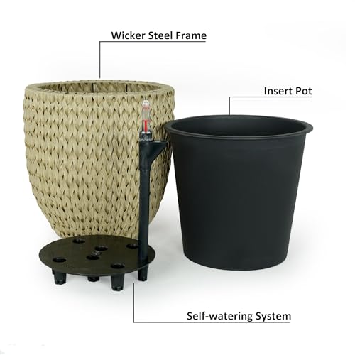 2 Pack Self Watering Wicker Planter Garden Decoration Pot Round Beige Beige Rattan Metal