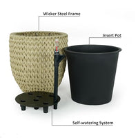 2 Pack Self Watering Wicker Planter Garden Decoration Pot Round Beige Beige Rattan Metal