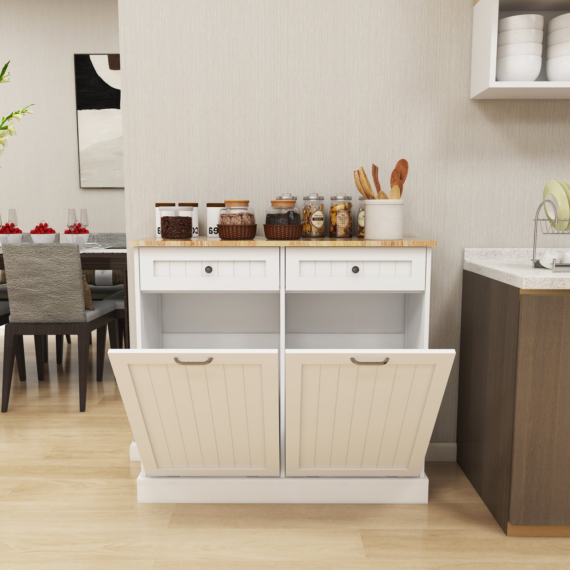 Two Drawers And Two Compartment Tilt Out Trash Cabinet Kitchen Trash Cabinet White White Mdf