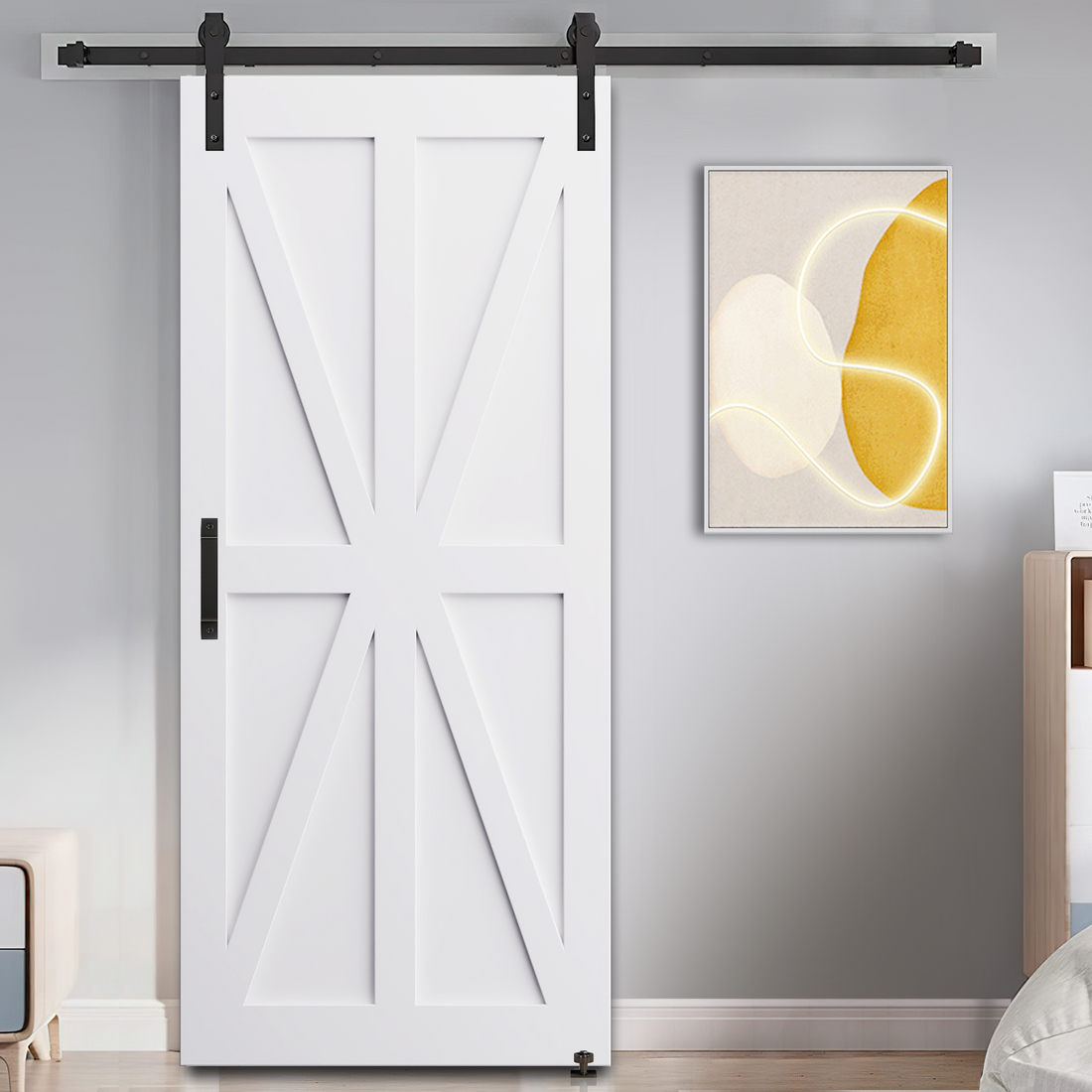 36" X 80" Star Style Real Primed Door Slab 6.6Ft Barn Door Sliding Hardware Adjustable Floor Guider Pull Handle, Diy Unfinished Paneled Door, Modern Interior Barn Door, Moisture Proof White Mdf