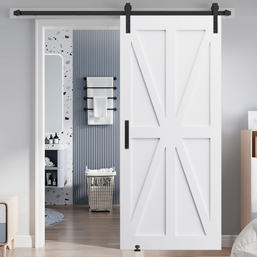 32" X 80" Star Style Real Primed Door Slab 6.6Ft Barn Door Sliding Hardware Adjustable Floor Guider Pull Handle, Diy Unfinished Paneled Door, Modern Interior Barn Door, Moisture Proof White Mdf