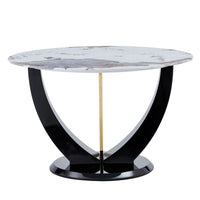 Modern Minimalist Circular Glass Tabletop With A Diameter Of 48 Inches, Paired With Black Mdf Legs. Suitable For Restaurants And Living Rooms. White Mdf Glass