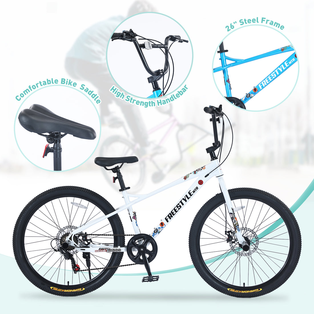 Freestyle Kids Bike Double Disc Brakes 26 Inch Children'S Bicycle For Boys Girls Age 12 Years Cycling White Garden & Outdoor Carbon Steel