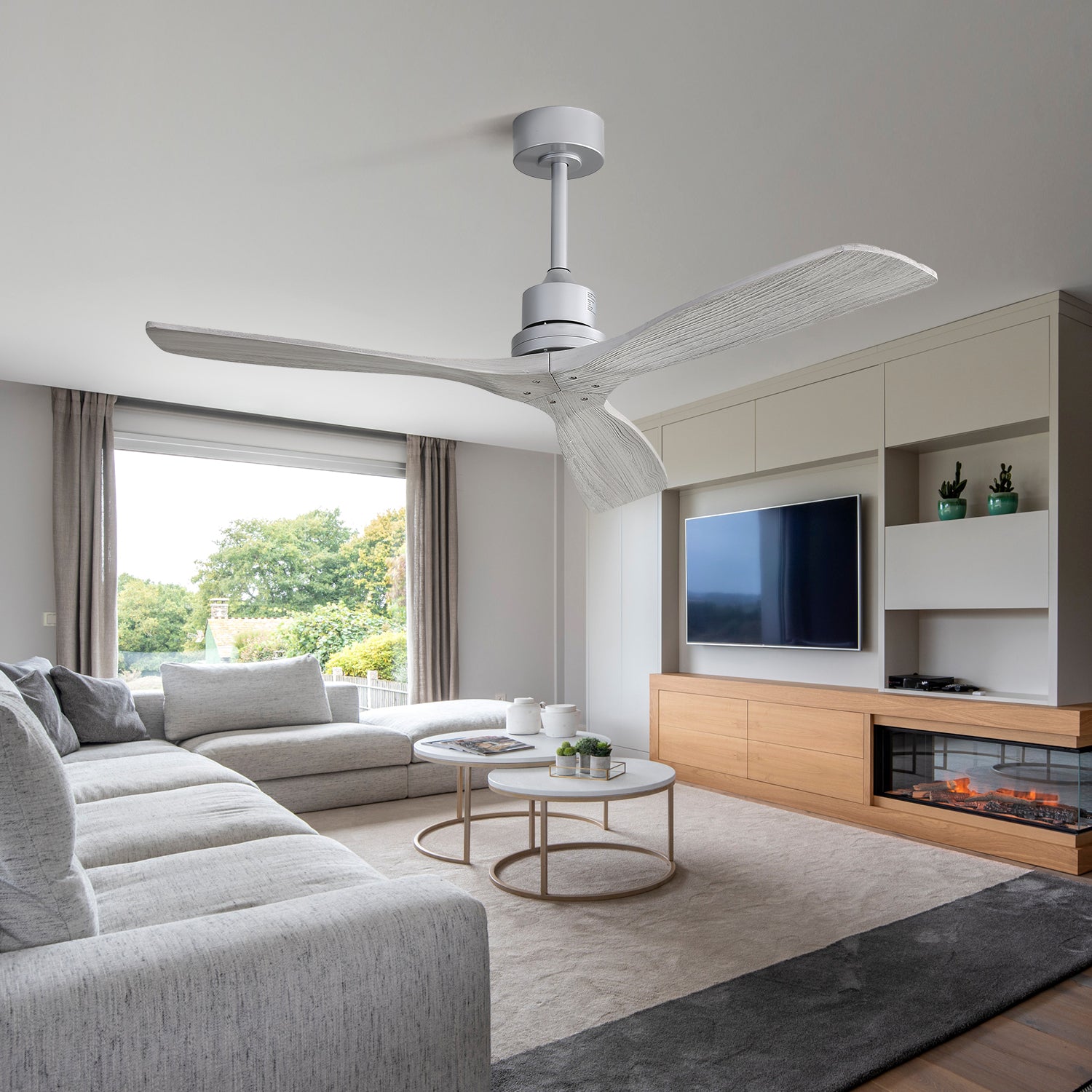 Indoor 52Inch Ceiling Fan With Remote Control Solid Wood Fan Blade Reversible Dc Motor For Bedroom Silver Metal & Wood