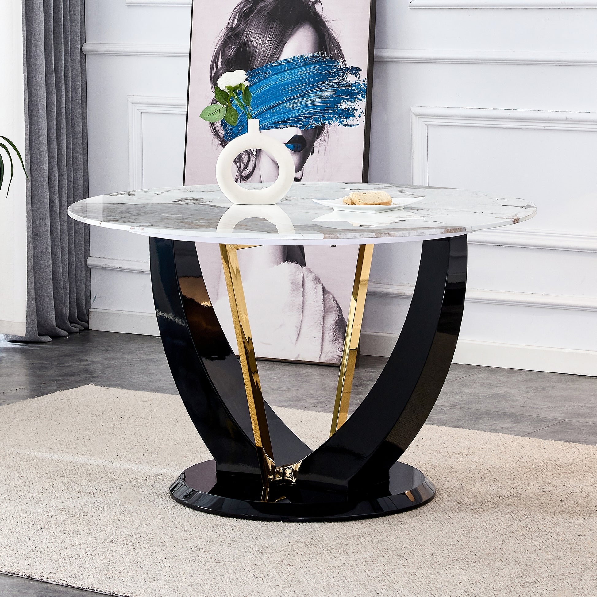 Modern Minimalist Circular Glass Tabletop With A Diameter Of 48 Inches, Paired With Black Mdf Legs. Suitable For Restaurants And Living Rooms. White Mdf Glass