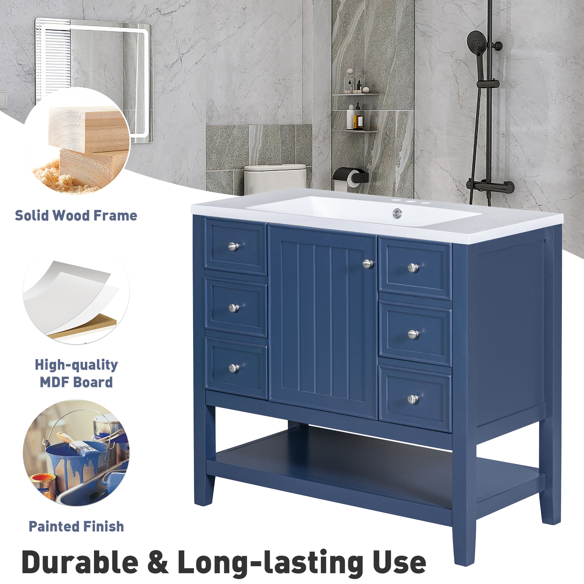 36" Bathroom Vanity With Sink Combo, One Cabinet And Three Drawers, Solid Wood And Mdf Board, Blue Old Sku:Sy999505Aac Blue Solid Wood Mdf