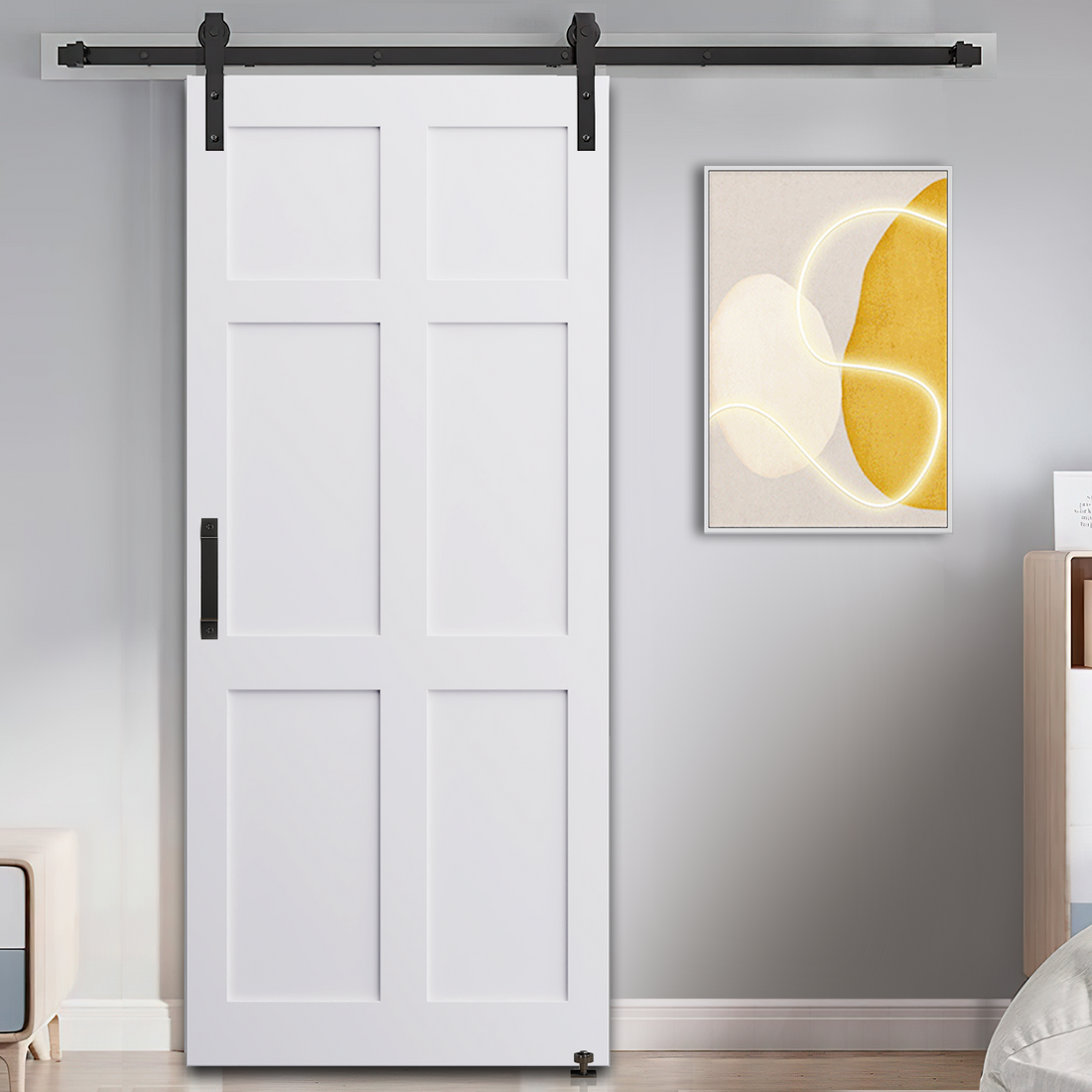 32" X 80" Six Paneled Real Primed Door Slab 6.6Ft Barn Door Sliding Hardware Adjustable Floor Guider Pull Handle, Diy Unfinished Paneled Door, Modern Interior Barn Door, Water Proof White Mdf