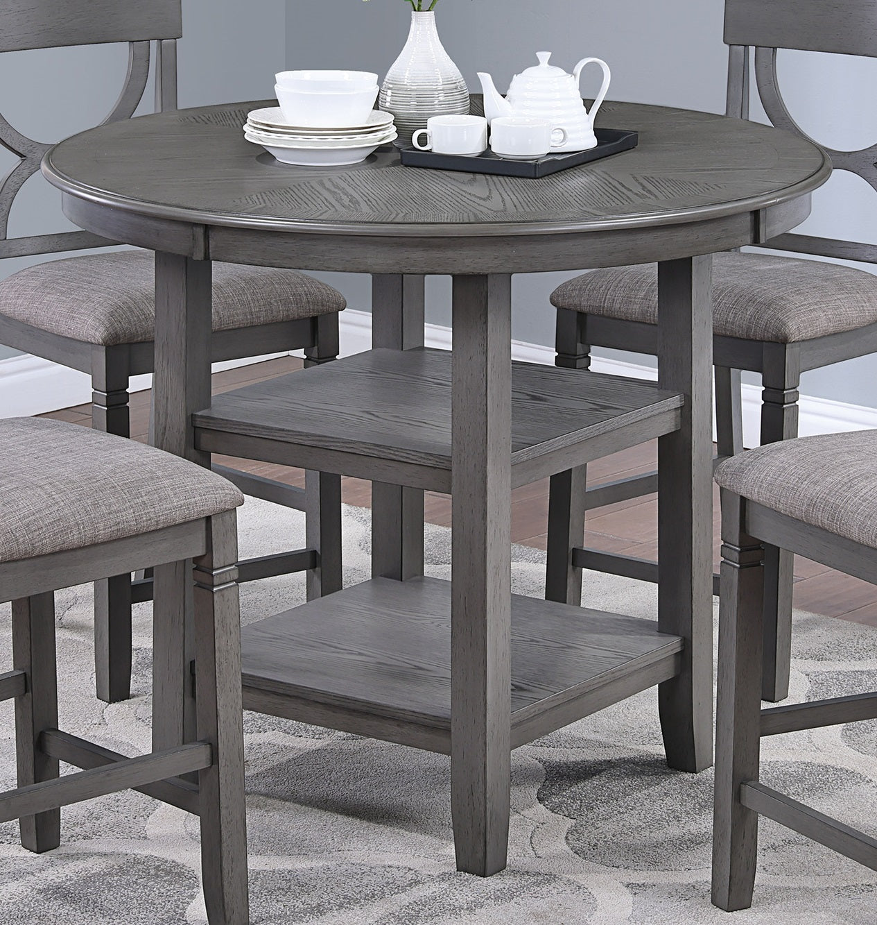 Counter Height Dining Table W Storage Shelve 4X Chairs Padded Seat Unique Design Back 5Pc Dining Set Gray Color Wood Gray Seats 4 Gray Dining Room Contemporary,Modern Round Dining Table With Chair Rubber Wood