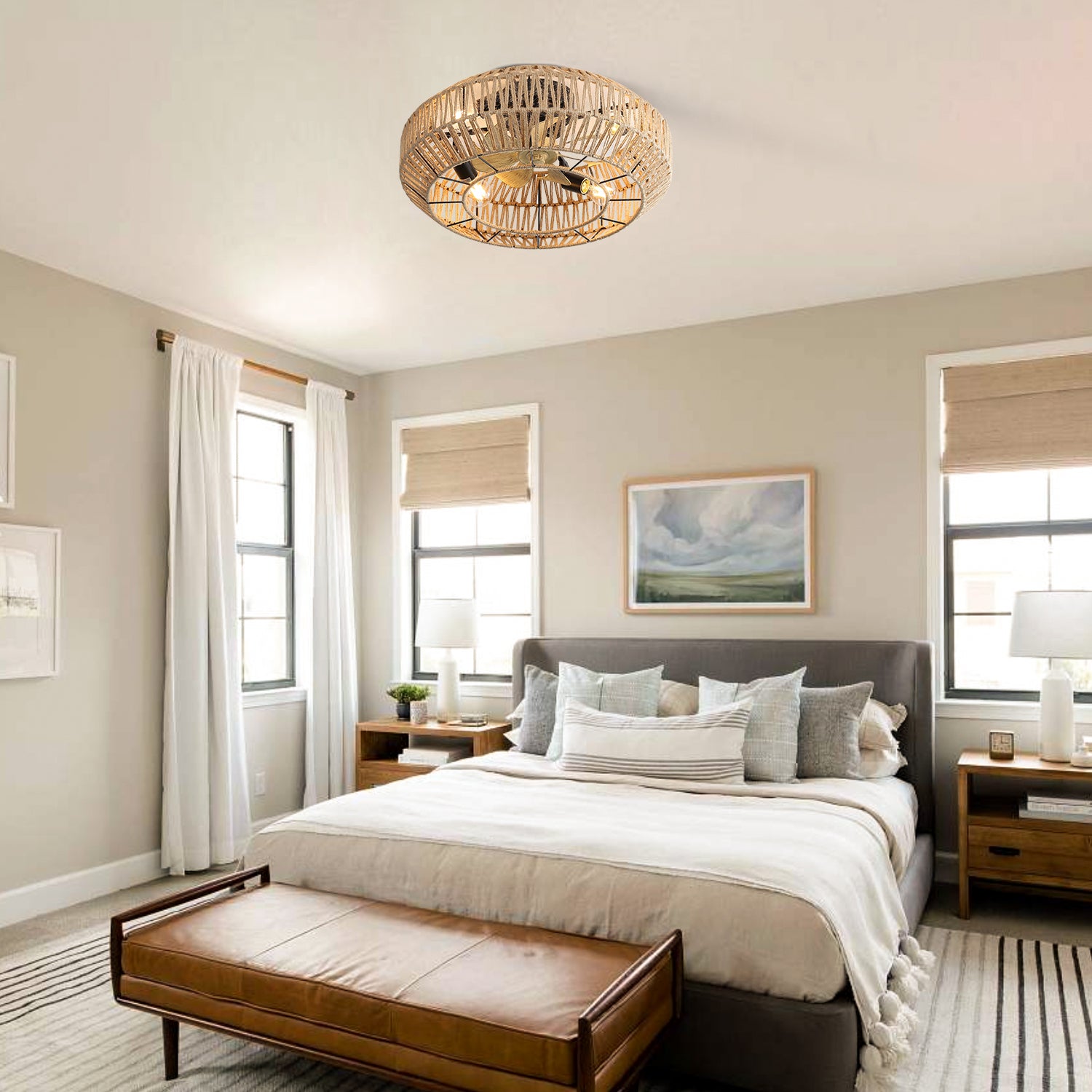 20 Inch Boho Caged With Enclosed Rattan 6 Speeds Remote Control Reversible Dc Motor For Living Room Rattan Abs