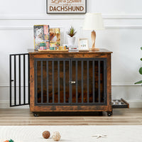 Furniture Style Dog Crate Side Table With Feeding Bowl, Wheels, Three Doors, Flip Up Top Opening. Indoor, Rustic Brown, 38.58"W X 25.2"D X 27.17"H Rustic Brown Particle Board