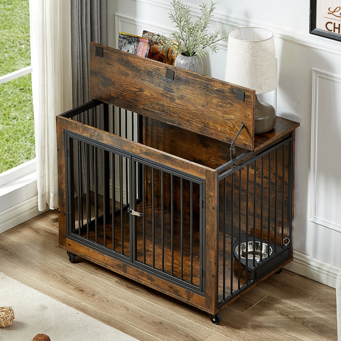 Furniture Style Dog Crate Side Table With Rotatable Feeding Bowl, Wheels, Three Doors, Flip Up Top Opening. Indoor, Rustic Brown, 38.58"W X 25.2"D X 27.17"H Rustic Brown Particle Board