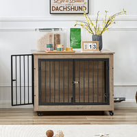 Furniture Style Dog Crate Side Table With Rotatable Feeding Bowl, Wheels, Three Doors, Flip Up Top Opening. Indoor, Grey, 38.58"W X 25.2"D X 27.17"H Grey Particle Board