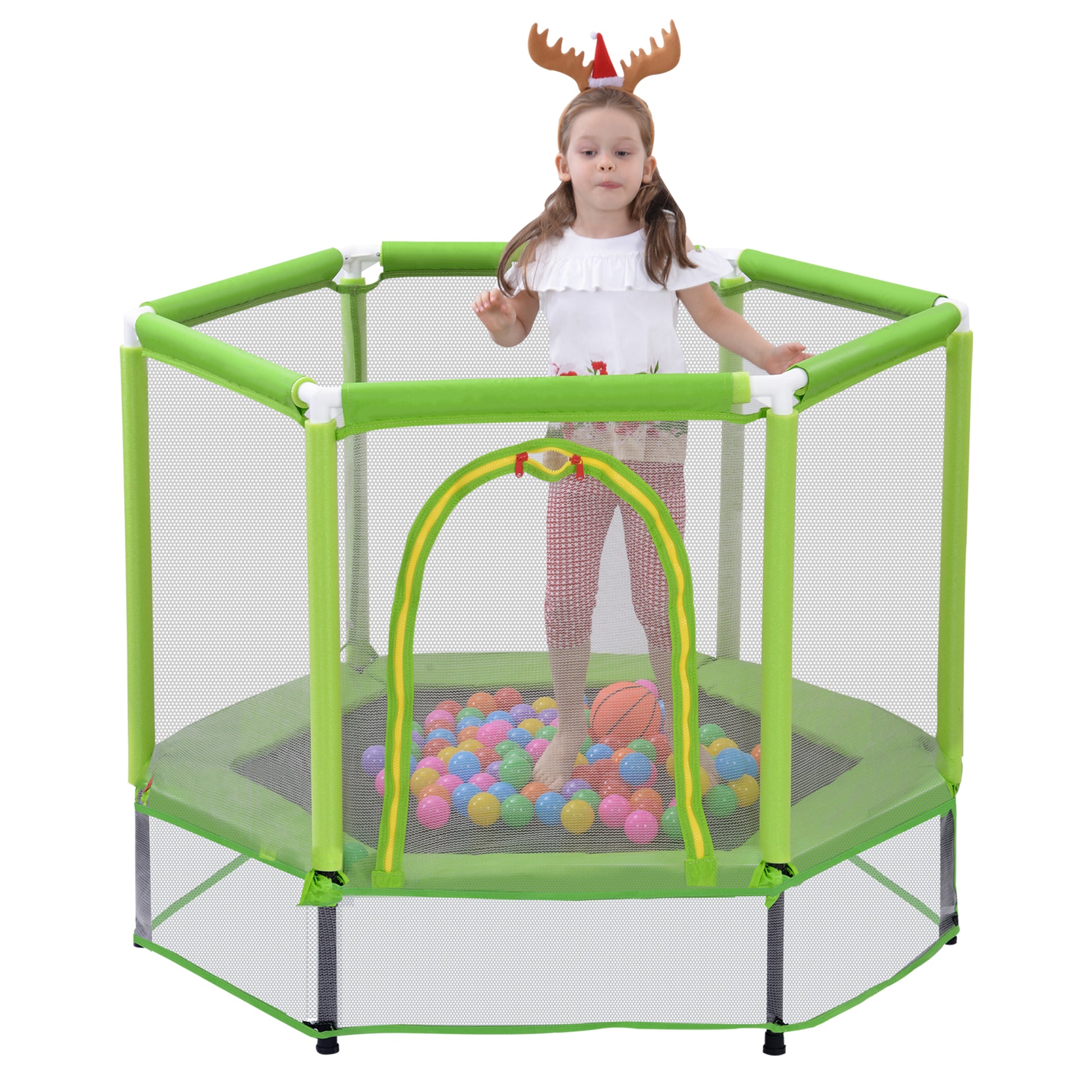 55'' Toddlers Trampoline With Safety Enclosure Net And Balls, Indoor Outdoor Mini Trampoline For Kids Green Metal