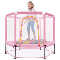 55'' Toddlers Trampoline With Safety Enclosure Net And Balls, Indoor Outdoor Mini Trampoline For Kids Pink Metal