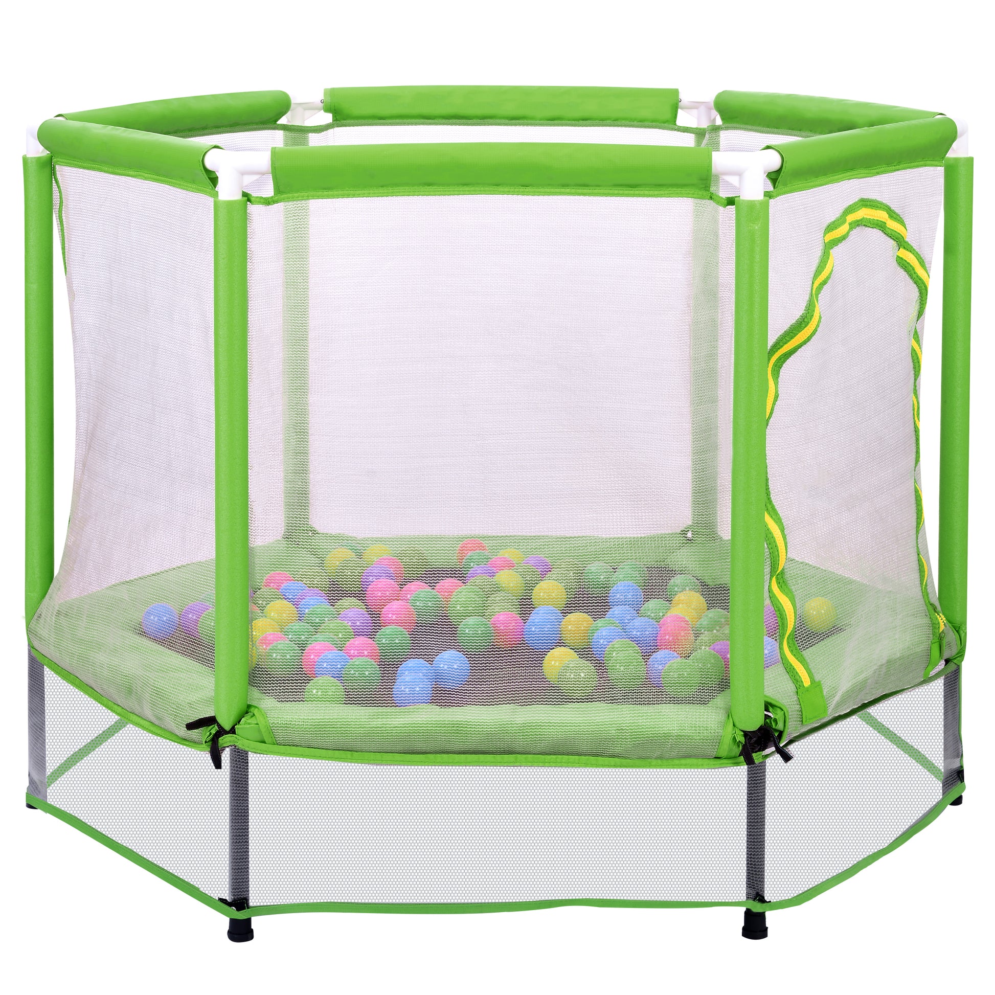 55'' Toddlers Trampoline With Safety Enclosure Net And Balls, Indoor Outdoor Mini Trampoline For Kids Green Metal